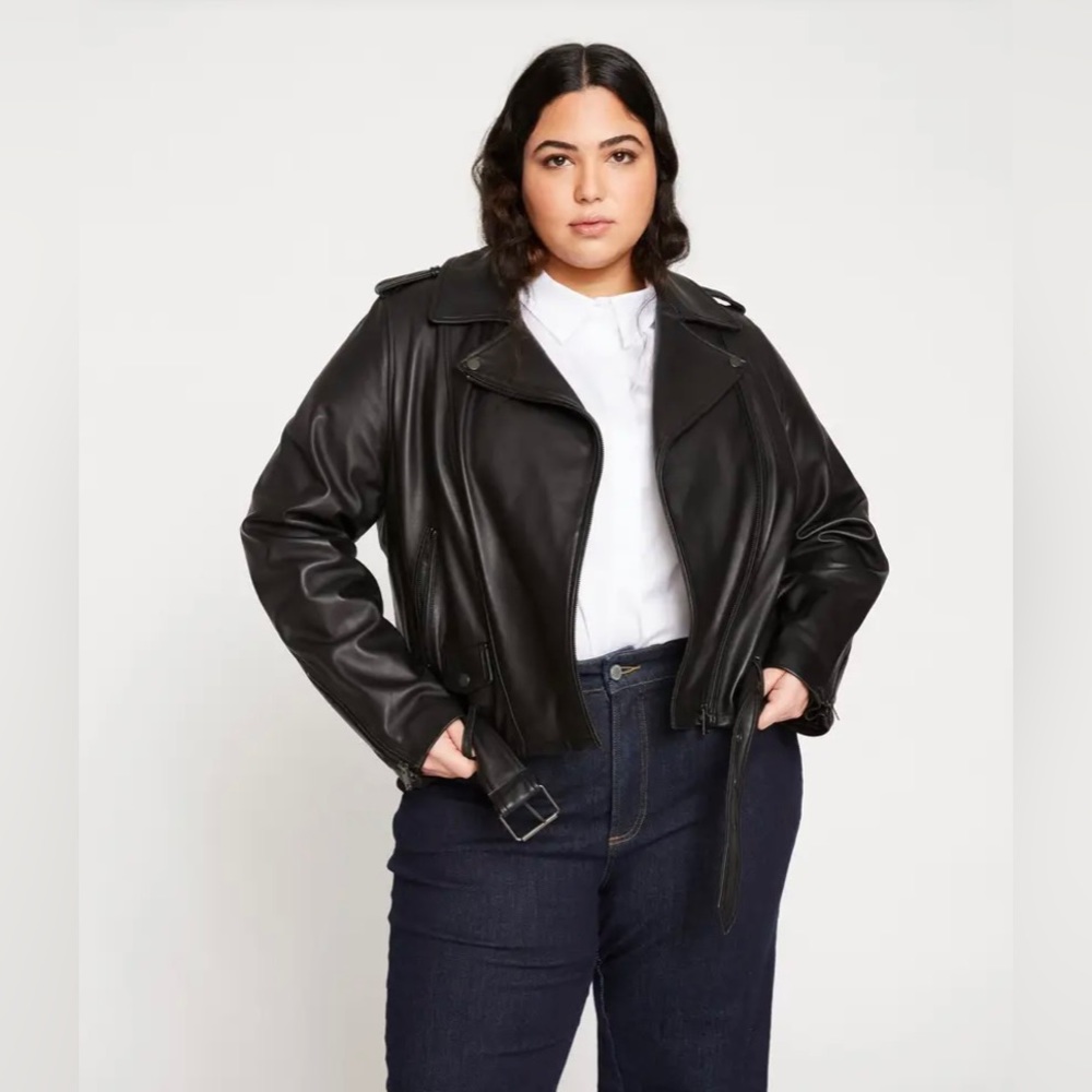 Universal Standard Leeron Leather Moto Jacket Black Womens Plus Size